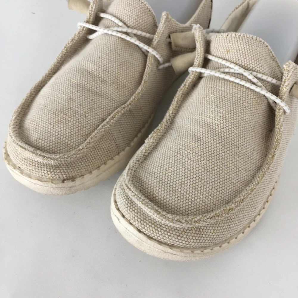 Hey Dude Wendy Canvas Shoes Neutral Cream Gold Threading Women’s Size 6 Boho - Picture 4 of 10
